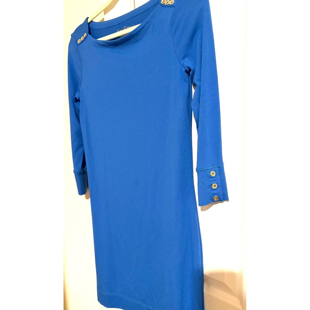 Lilly Pulitzer Marlowe Boatneck T-Shirt Dress Blue Gold Button XS 20141 - Picture 2 of 6
